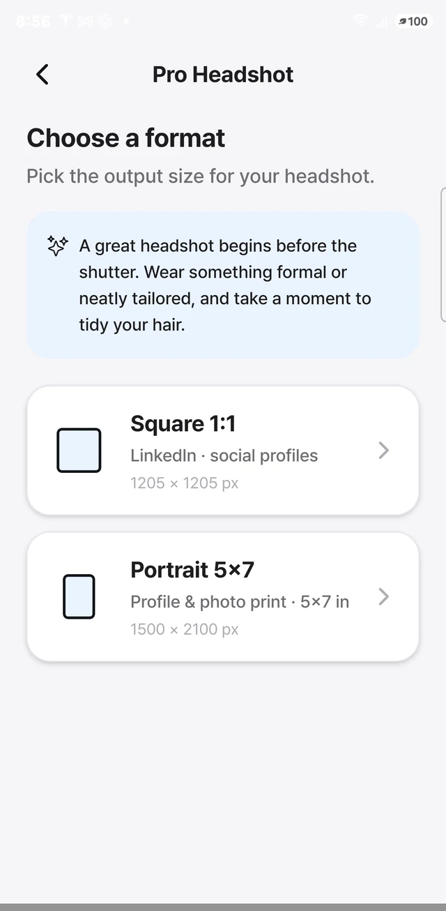 Choosing between Square 1:1 and Portrait 5×7 output