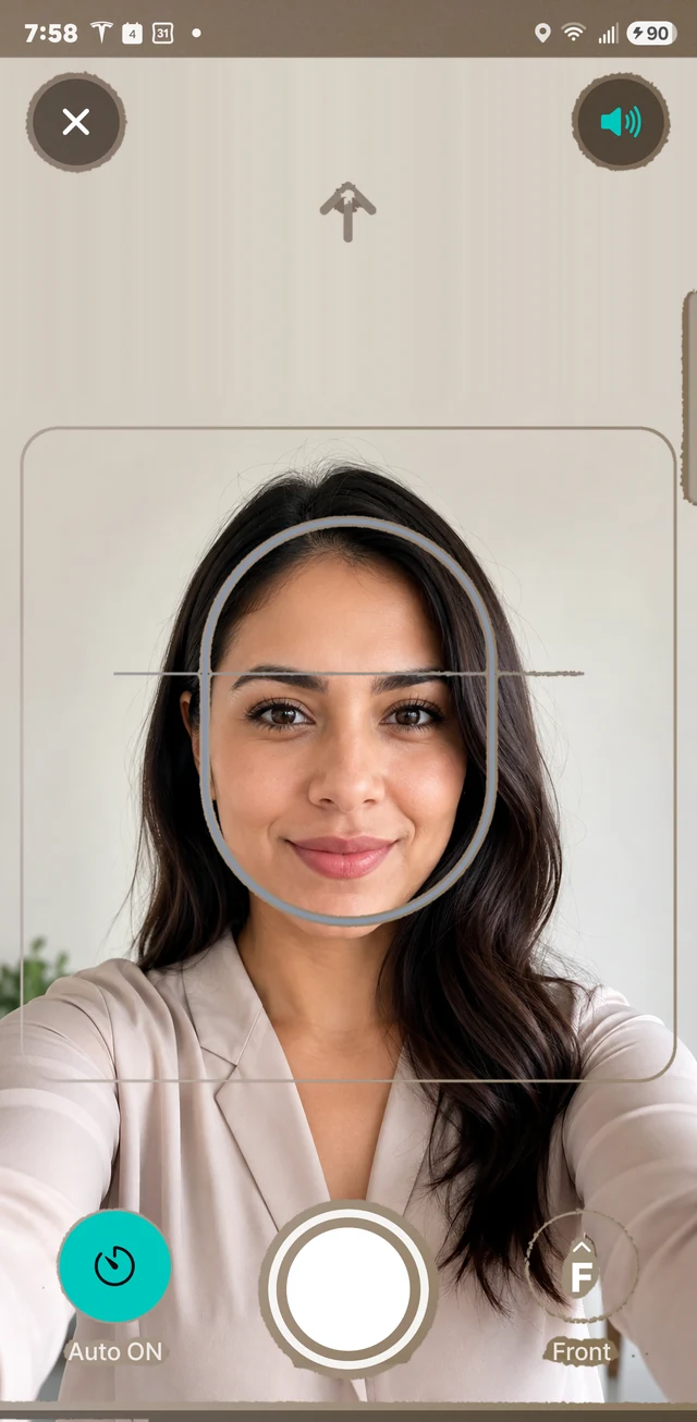 Camera screen with the framing guide and the voice-guidance button